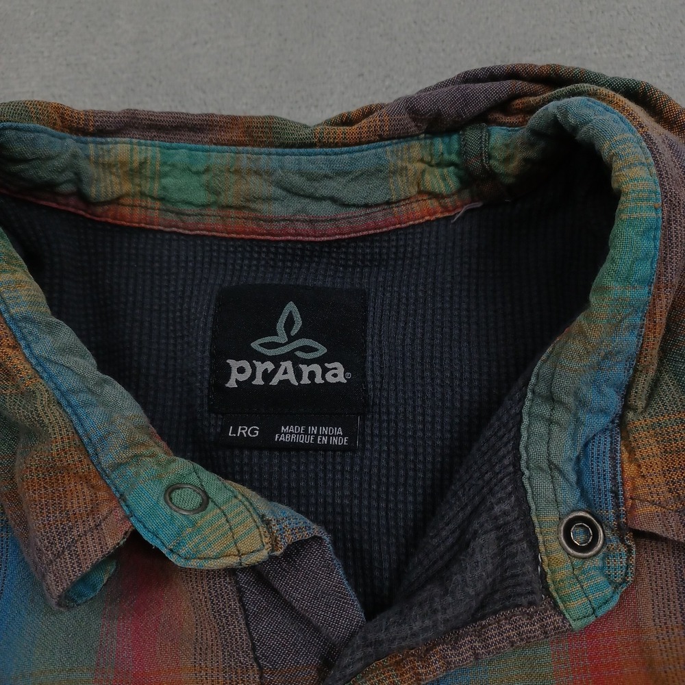 Prana Shirt Mens Large Blue Plaid Snap Button Outdoor Lined Casual - Picture 4 of 8